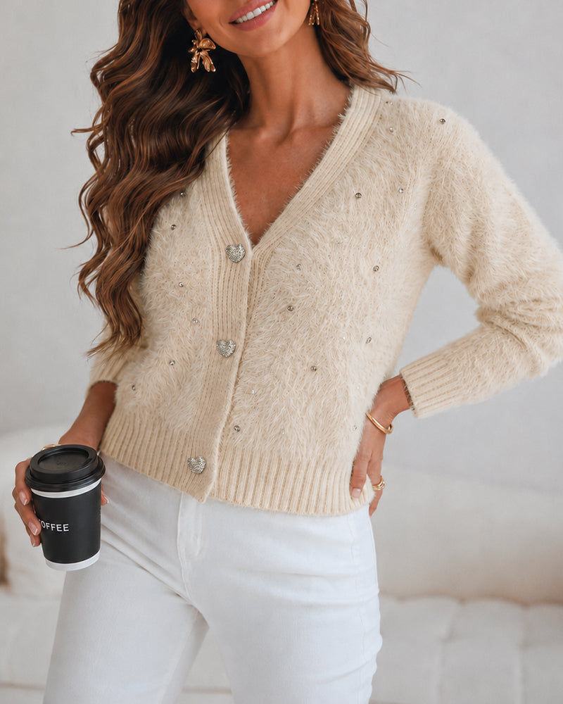 Women's Faux Mink Fur Knit Cardigan Elegant Pearl Rhinestone V Neck Sweater Crop Single Breasted Coat - Image 14