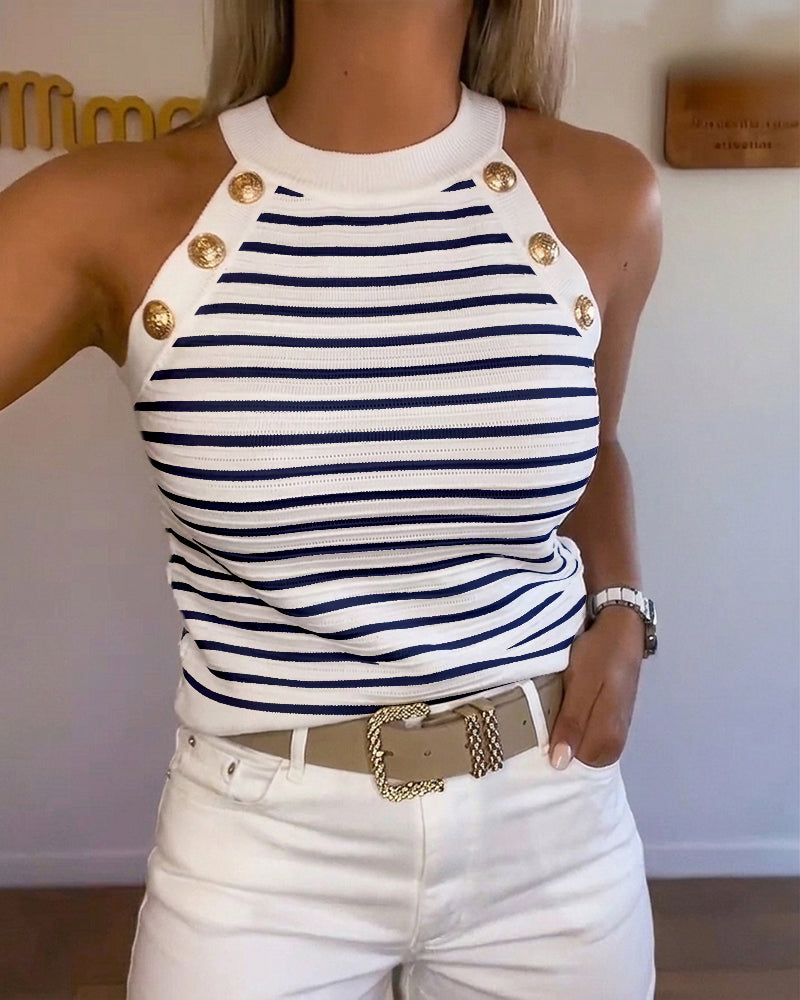 Women's Halter Neck Tank Top Striped Sleeveless Gold Button Contrast Binding Knit Top - Image 7