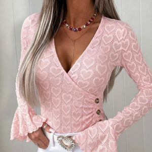Women's Heart Jacquard Overlap V Neck Top Flare Long Sleeve Side Button Ruched Blouse Slim Fit Wrap Top