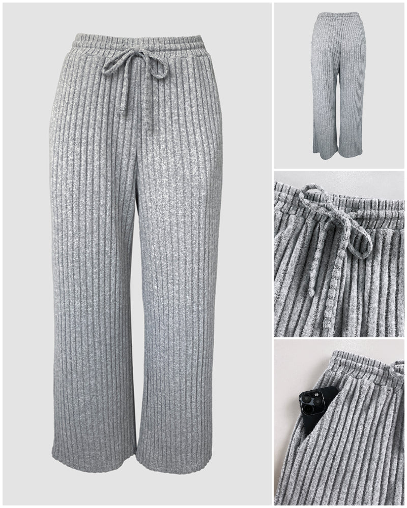 Women's Ribbed Knit Lounge Set Lace Trim Square Neck Long Sleeve Top and Straight Leg Drawstring Pants with Pockets - Image 5