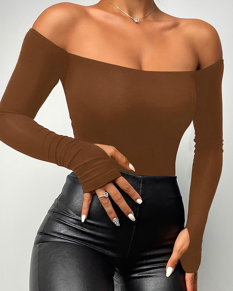 Off Shoulder Long Sleeve Skinny Casual Top - Image 29
