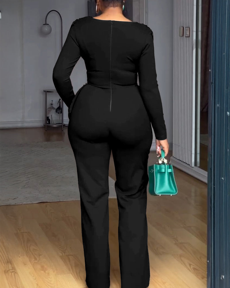 Cowl Neck Asymmetrical Textured Patchwork Cinched Waist Jumpsuit Casual Zipper Back Wide Leg Jumpsuit - Image 8