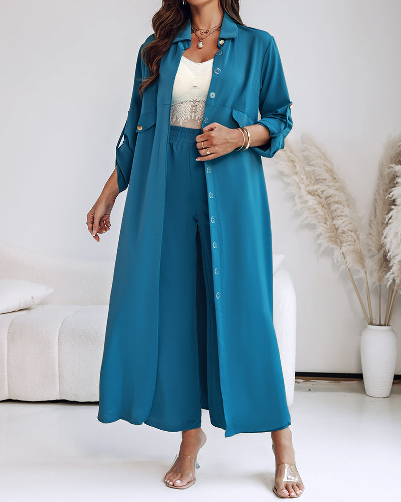 2 Pieces Outfit Turn-down Collar Turn-Up Sleeves Button Front Asymmetrical Hem Longline Blouse and Casual Elastic Waist Wide Leg Pants Set - Image 10