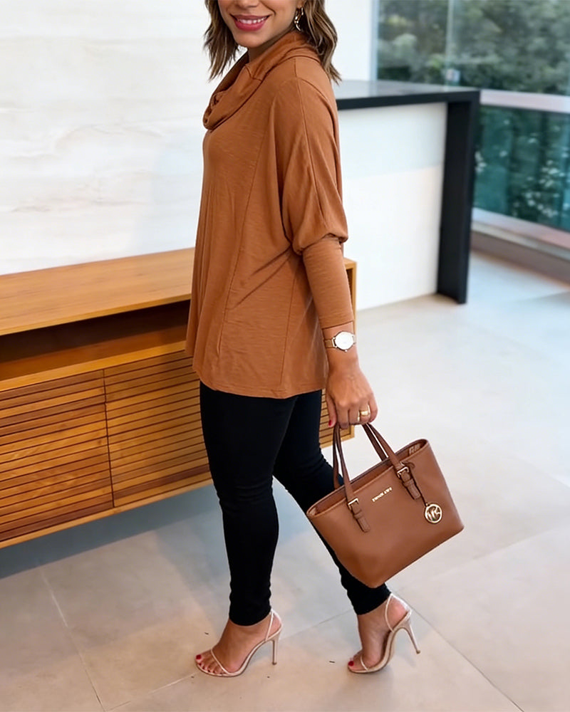 Women's Cowl Neck Batwing Sleeve Top Casual Long Sleeve Loose Pullover Comfortable Soft Drape Blouse - Image 3