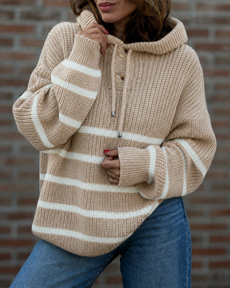 Women's Striped Henley Drawstring Hooded Sweater Loose Fit Lantern Sleeve Knit Pullover - Image 8