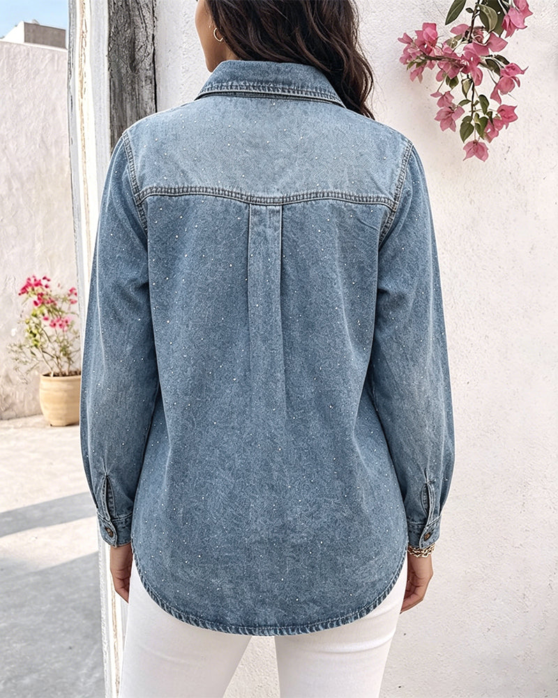 Women's Rhinestone Denim Jacket Washed Button-Down Shacket Sparkling Loose Fit Long Sleeve Casual Outerwear - Image 2
