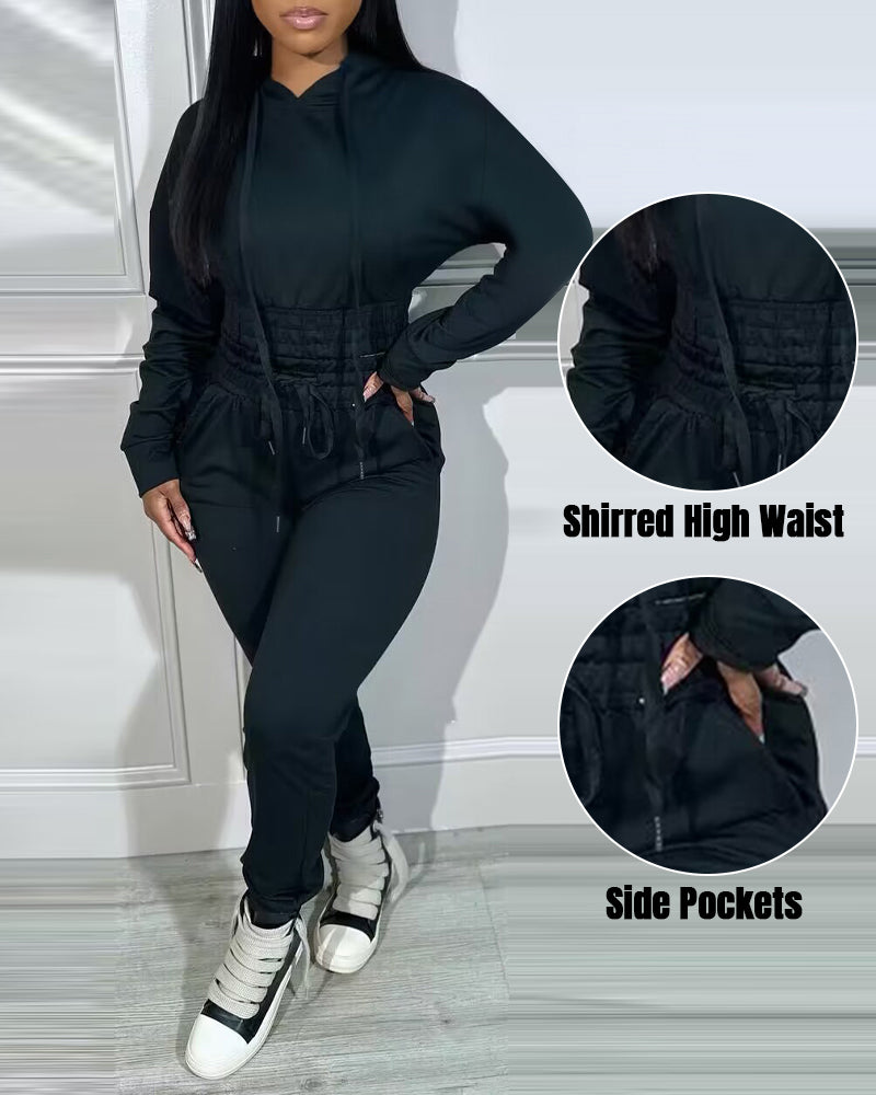 2 Pieces Outfit Drop Shoulder Kangaroo Pocket Stretchy Hem Crop Drawstring Hoodie Sweatshirt And Drawstring Elastic Waist Jogger Sweatpants Casual Tracksuit - Image 23