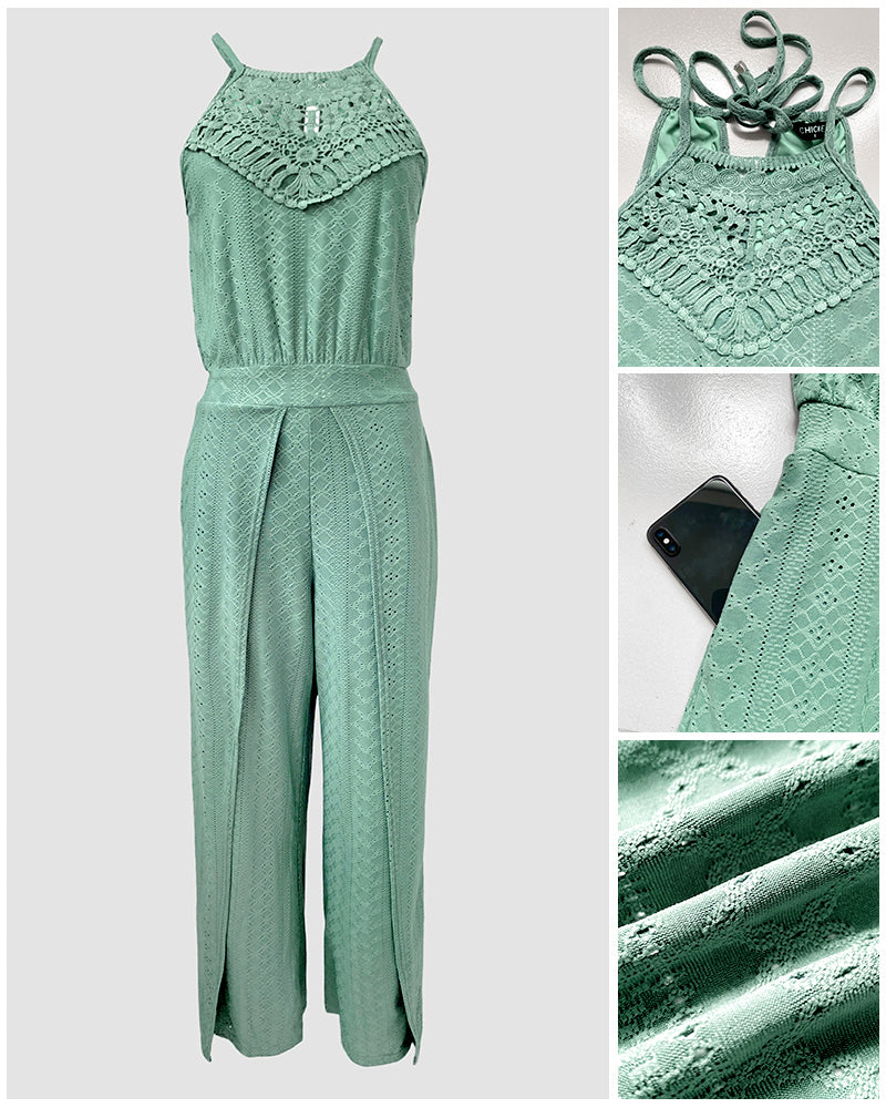 2 Pieces Outfit Halter Tie Guipure Lace Spliced Front Hollow-out Back Top and Elastic Back Waist Wrapped Slit Pants Set Casual Jacquard Textured Vacation Set - Image 4