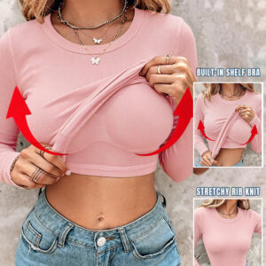 Women's Crewneck Long Sleeve Ribbed Knit Top Slim Fit Base Layer Shirt Soft Stretchy Casual Tee with Built-in Bra