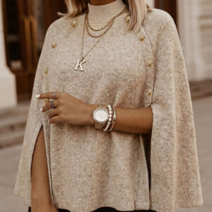 Women's Mock Neck Cape Knit Sweater Loose Old Money Style Pullover Side Slit Batwing Sleeve Winter Warm Cozy Top