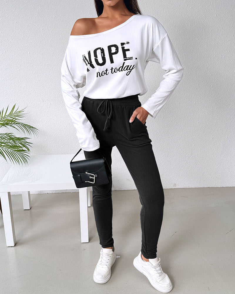 2 Pieces Outfit Nope. Not Today Slogan Print Skew Neck Long Sleeve Pullover Top And Casual Drawstring Stretchy Waist Slim Fit Pants Set - Image 14