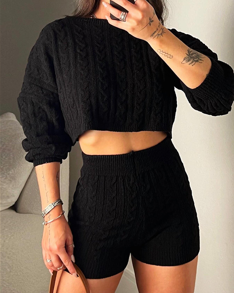 2 Piece Crewneck Long Sleeve Cable Knit Crop Sweater High Waist Shorts Tracksuits Outfits - Image 18