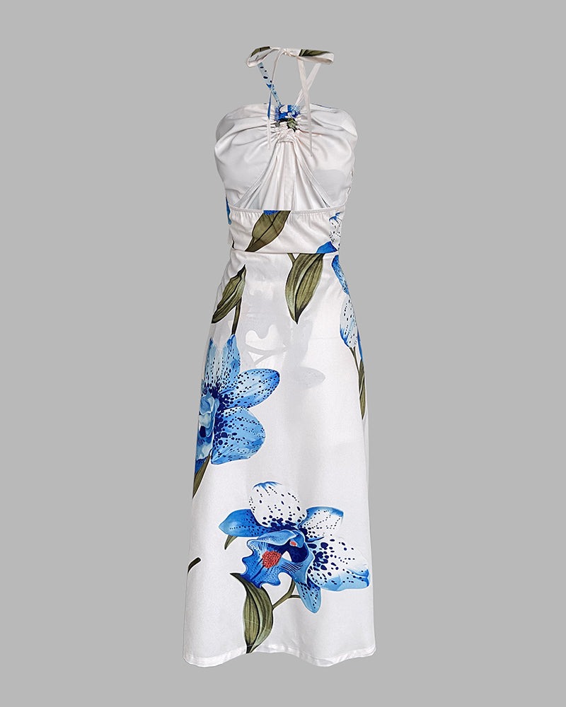 2 Pieces Outfit Floral Print Halter Slit Long Top and Casual Drawstring Shorts Set with Pockets - Image 4