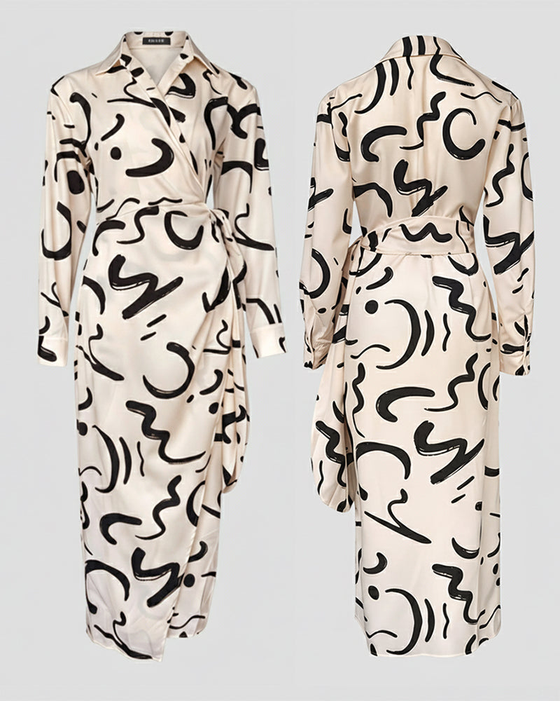 Abstract Print Turn-down Collar Tied Detail Ruched Dress Casual Wrap Front Vacation Dress - Image 11