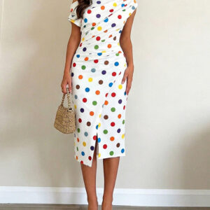 Women's Skew Neck Midi Dress Colorful Polka Dot Ruched Bodycon Dress Elegant Slit French Style Wrap Vacation Dress