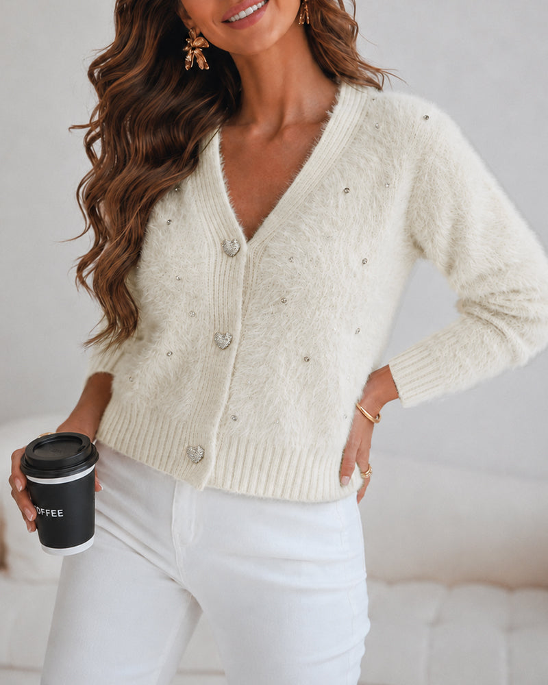 Women's Faux Mink Fur Knit Cardigan Elegant Pearl Rhinestone V Neck Sweater Crop Single Breasted Coat - Image 20