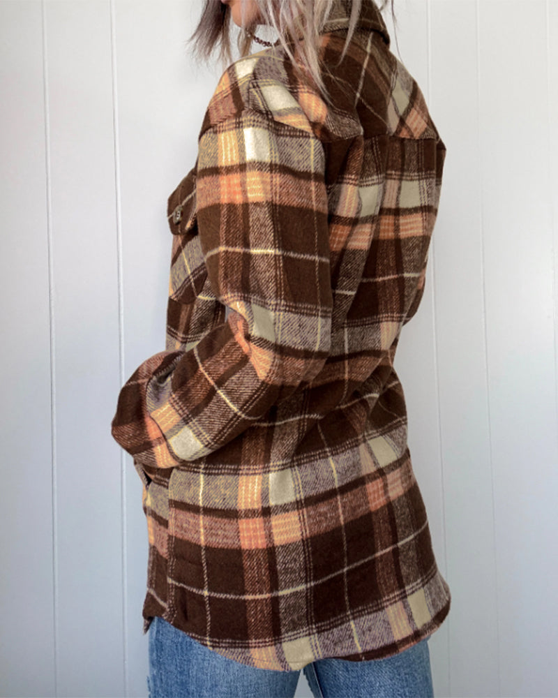 Women's Plaid Long Sleeve Button Down Brushed Shacket Casual Turn-down Collar Coat - Image 2