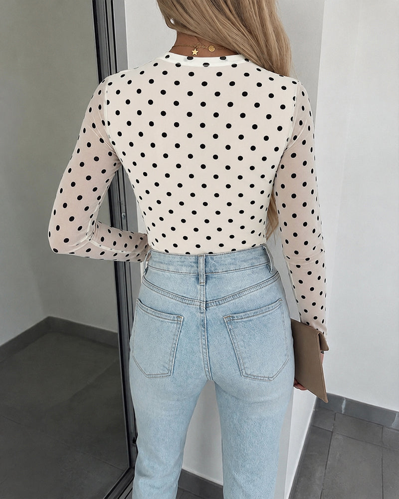 Women's Mesh Polka Dot Top Lined Sheer Long Sleeve Tee Crewneck Slim Fit Layering Under Base Top with Thumbholes - Image 2