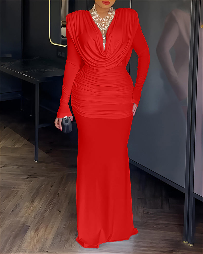 Cowl Neck Ruched Zipper Back Slim Fit Maxi Dress Casual Padded Shoulders Backless Evening Dress - Image 8