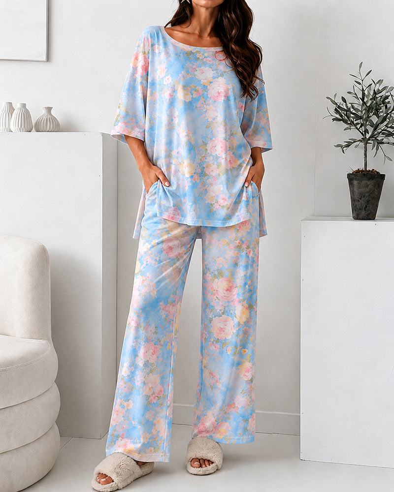 Women's 2 Piece Floral Print Pajama Set Half Sleeve Side Slit Top and Straight Leg Pants Casual Loungewear - Image 4