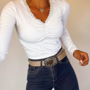 Women's Lace V Neck Ruched T Shirt Slim Fit Long Sleeve Tee Casual Elegant Top