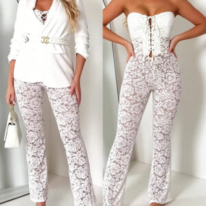 Women's Sheer Lace Jumpsuit Sexy Strapless Lace-up Tube Overalls Flare Leg Jumpsuit with Detachable Clear Straps