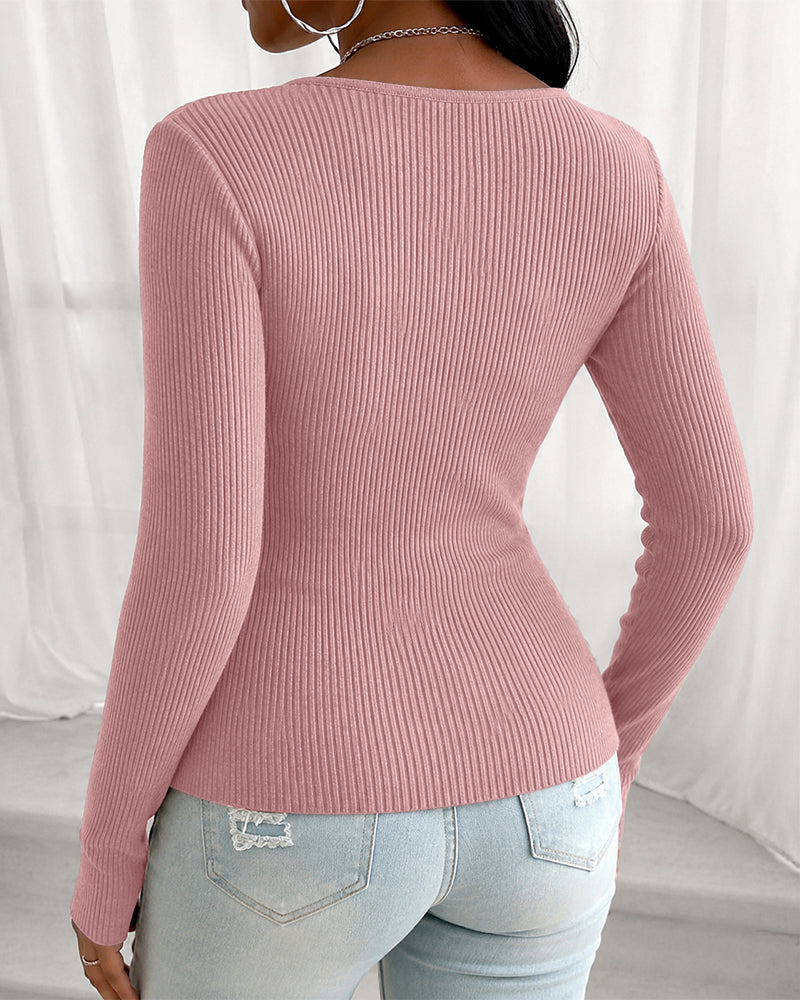 Women's Overlap V Neck Long Sleeve Ribbed Knit Top Rhinestone Side Button Ruched Slim Fit Asymmetric Hem Sweater - Image 9