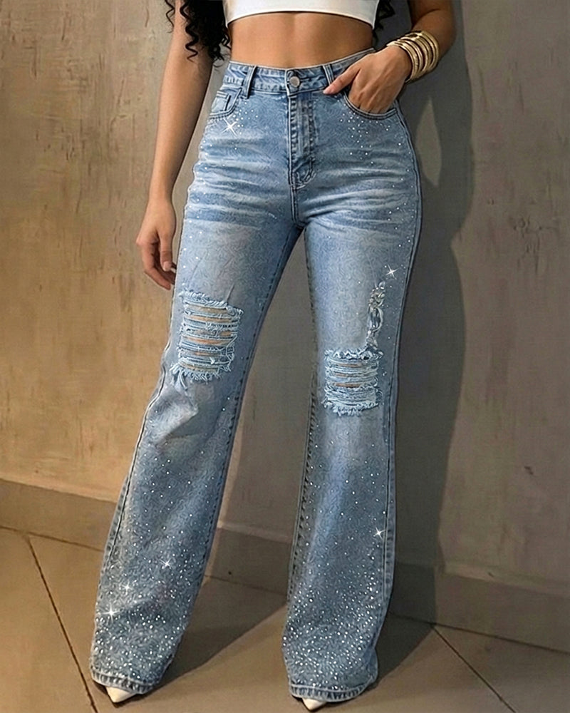 Women's Rhinestone Flare Jeans High Waisted Distressed Ripped Jeans Y2K Retro Streetwear Denim Pants - Image 3
