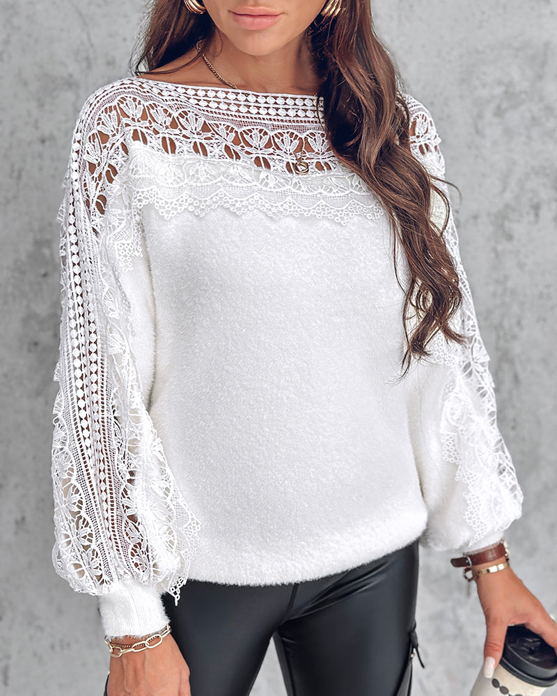 Crewneck Guipure Lace Long Sleeve Hollow Out Knit Sweaters Pullover Tops - Image 18