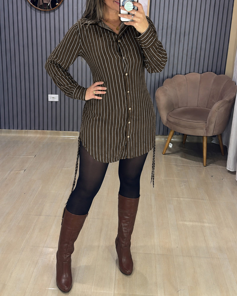 Women's Striped Shirred Back Shirt Dress Ruched Side Drawstring Long Sleeve Button Down Mini Dress - Image 5