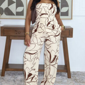 Women's Abstract Print Two Piece Outfits Tube Top and High Waist Wide Leg Pants Set with Detachable Clear Straps
