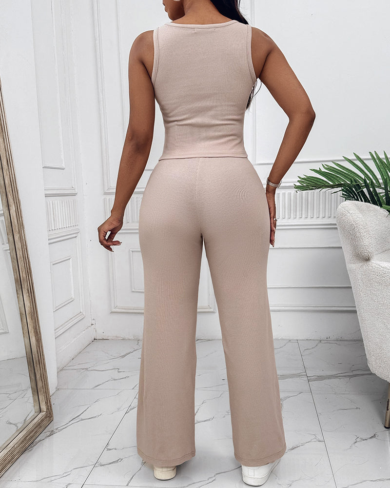 2 Piece Outfits Notch Neck Sleeveless Top Stretchy Waist Straight Leg Pants Lounge Sets Tracksuit - Image 8