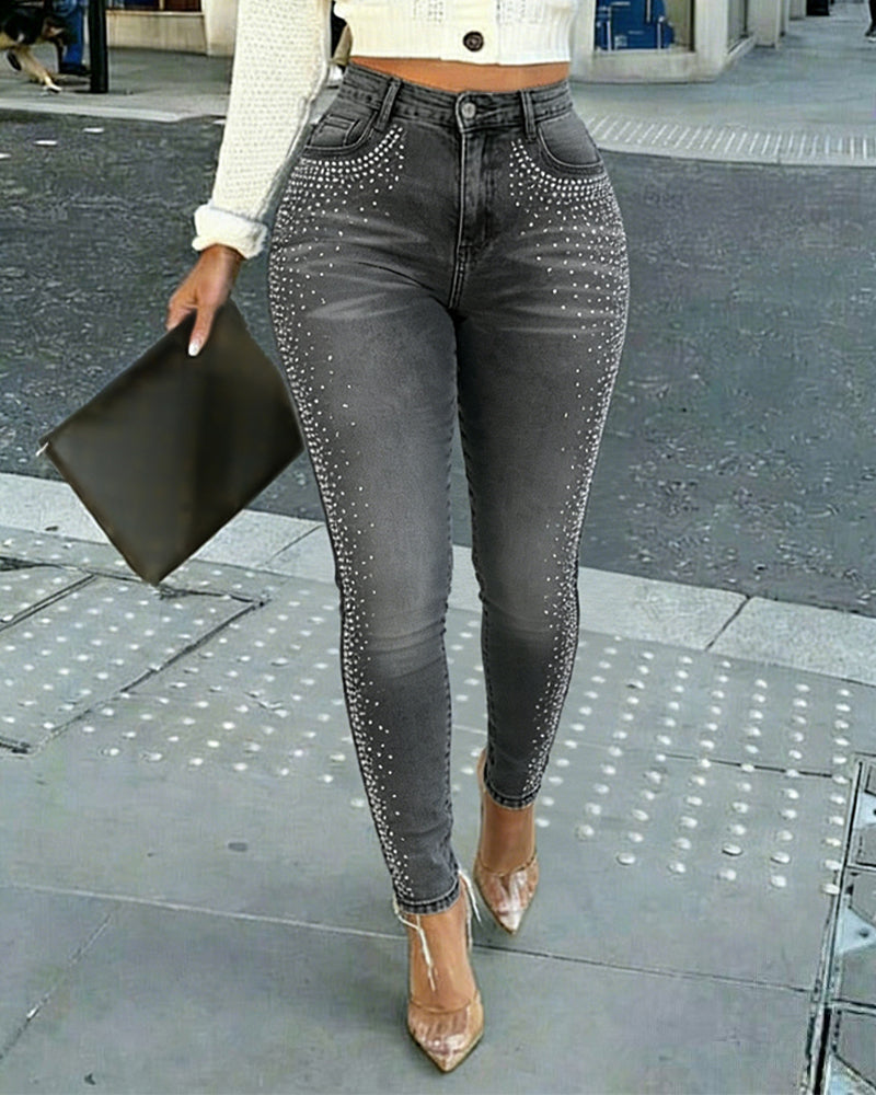 Rhinestone Decor High Waist Zipper Fly Skinny Jeans Washed Denim Pants without Belt - Image 5