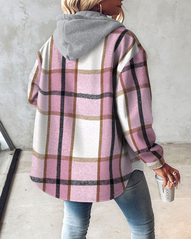 Plaid Print Long Sleeve Button Front Drawstring Hoodie Coat Casual Pocket Design Thermal Lined Shirt Coat - Image 2