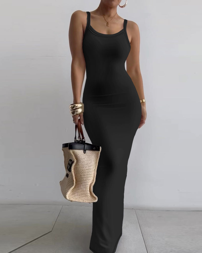 Spaghetti Strap U-Neck Casual Maxi Dress Slim Fit Cami Vacation Dress - Image 9