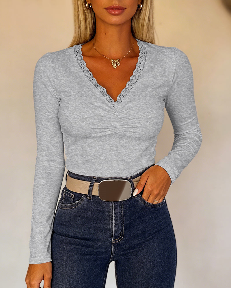 Women's Lace V Neck Ruched T Shirt Slim Fit Long Sleeve Tee Casual Elegant Top - Image 20