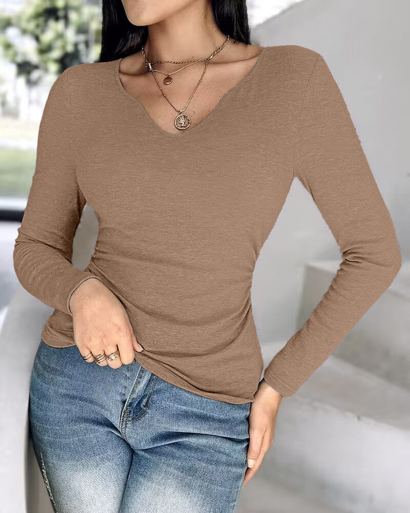 Chicme Built In Bra Notch Neck Long Sleeve Shirts Rib Knit Ruched Waist Top - Image 25