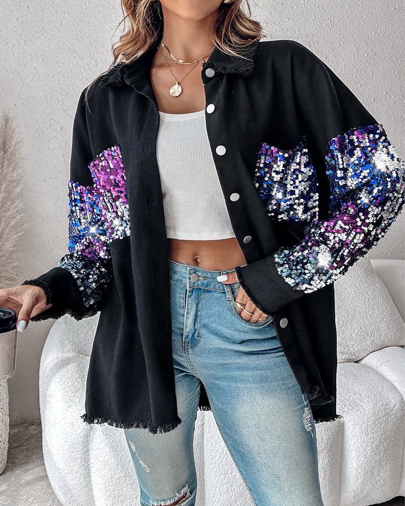 Colorblock Sequin Patchwork Long Sleeve Jacket Top Button Front Raw Hem Shacket - Image 15