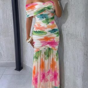 Women's Foldover Off-Shoulder Floral Mermaid Dress Mesh Ruched Maxi Gown with Detachable Clear Straps