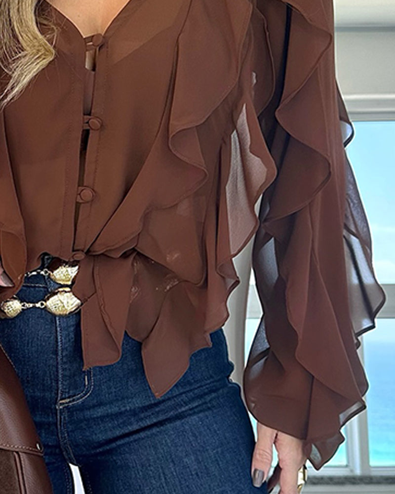 V Neck Shoulder Ruffles Design Blouse Casual Button Front Long Sleeve Top - Image 5