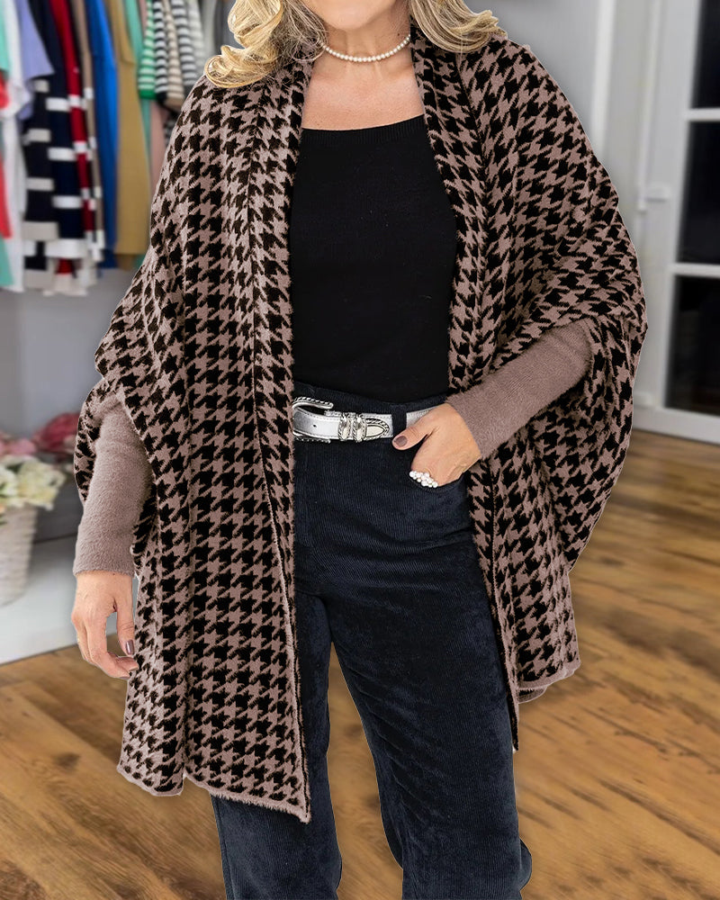 Houndstooth Print Versatile Loose Fit Sweater Coat Casual Warm Cape Shawl - Image 7