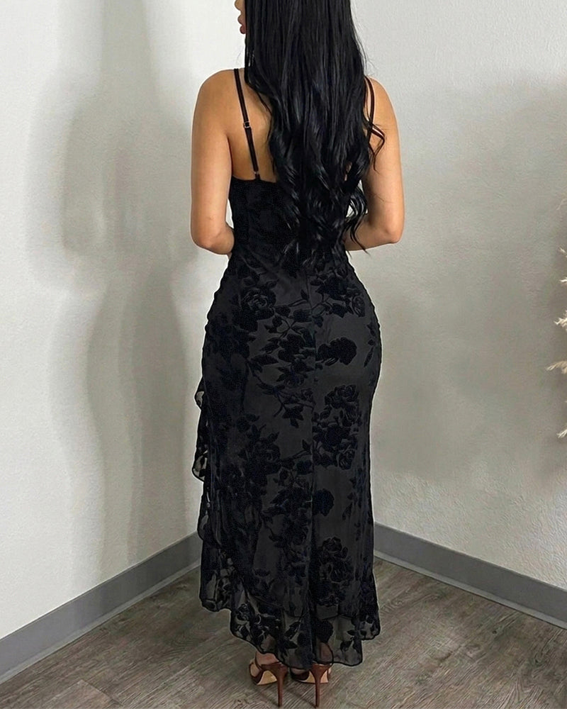 Women's Vintage Flocking Floral Maxi Dress Sexy Cowl Neck Cami Dress High Slit Backless Bodycon Evening Gown - Image 2