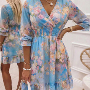 CHICME Women's Watercolor Floral Chiffon Dress Overlap V-Neck Shirred High Waist Vacation Dress A-Line Ruffle Hem Dress
