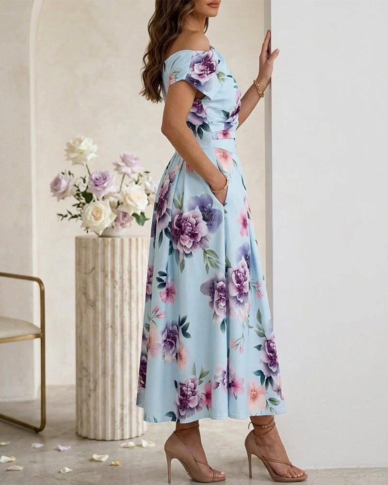 Women's Skew Neck Midi Dress Elegant Ruched Floral A-Line Dress High Waisted Vacation Dress with Pockets - Image 6