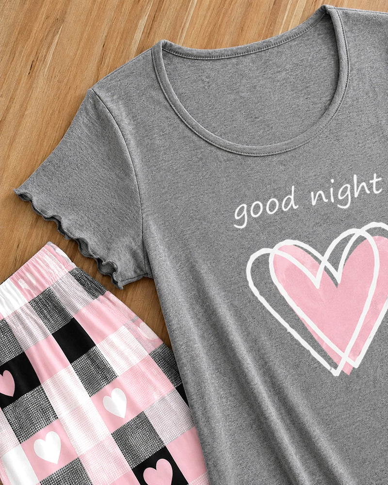 Women's Frill Hem Two Piece Pajama Set Heart Slogan Short Sleeve Top and Plaid Straight Leg Pants Casual Lounge Set - Image 5