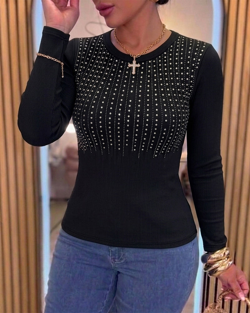 Women's Crewneck Rhinestone Ribbed Knit Top Slim Fit Long Sleeve Top - Image 5