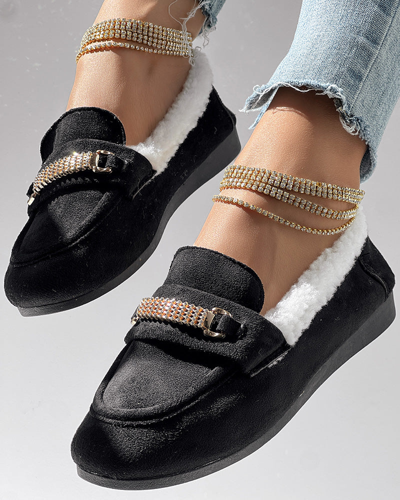Rhinestone Chain Decor Thermal Lined Faux Shearling Trim Casual Flat Slip-On Loafers without Anklet Bracelet - Image 3