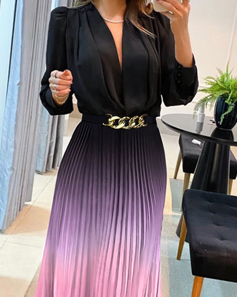 Ombre Deep V Neck Long Sleeve Pleated Mid-length Dress With Chain Decor Belt - Image 3