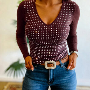 Women's V Neck Rhinestone Top Long Sleeve Ribbed Knit Tee Slim Fit Pullover Casual Base Layering Top