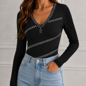 Women's Deep V Neck Rhinestone Top Slim Fit Long Sleeve Ribbed Knit Tee Sparkly Blouse